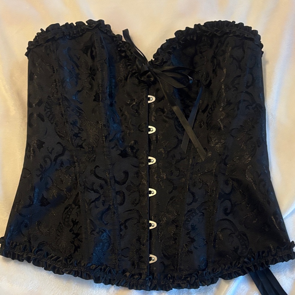 Black Brocade Corset Top with Ribbon Front